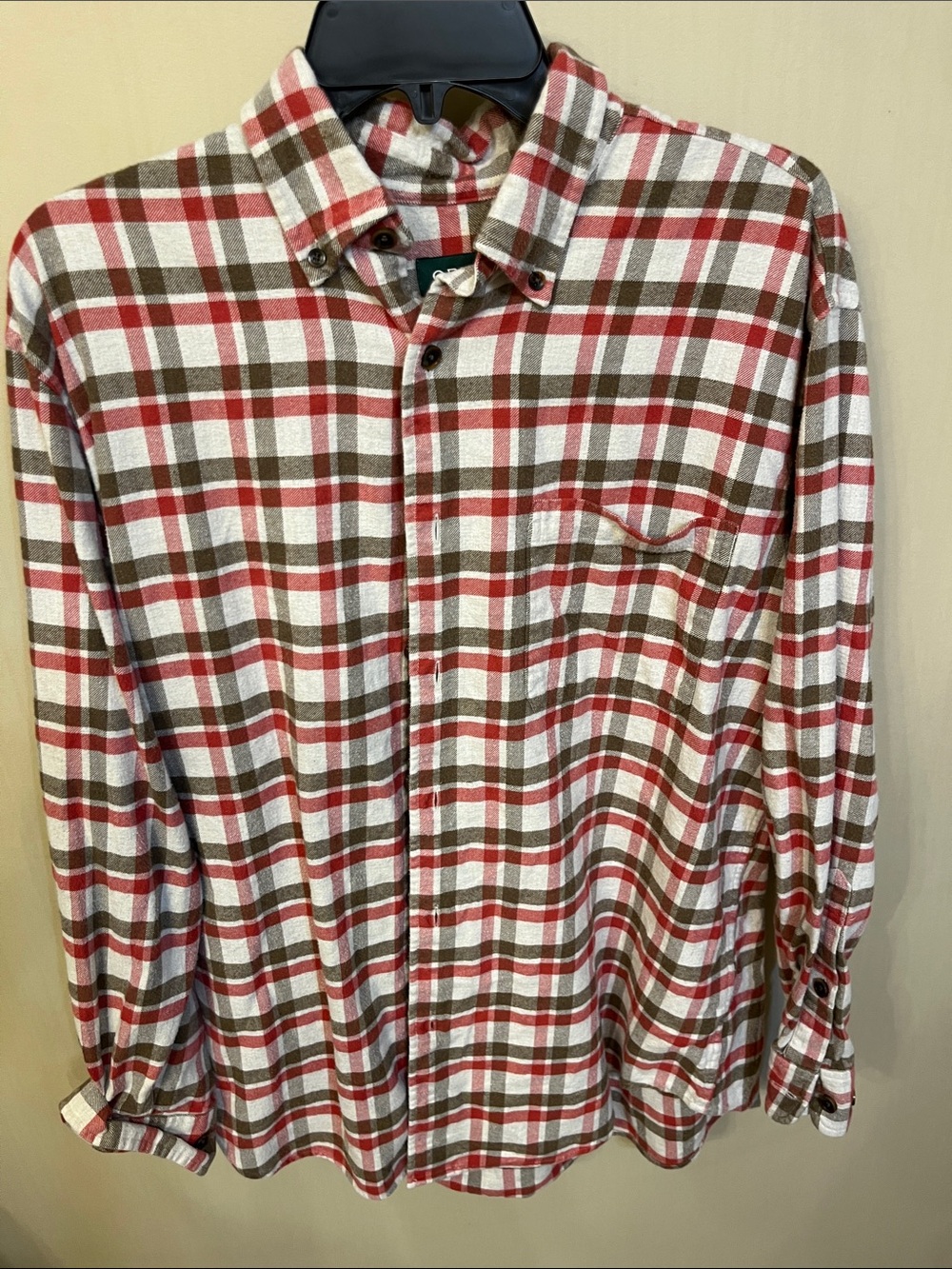 Orvis Perfect Flannel Red, Brown, and White Plaid Button-Down Shirt - large